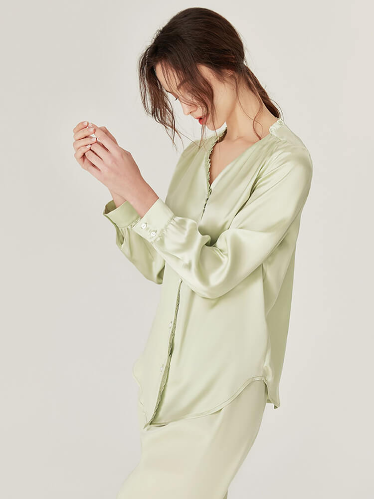 22 Momme Womens V-Neck Silk Pajama Set with Ric-Rac Trimming