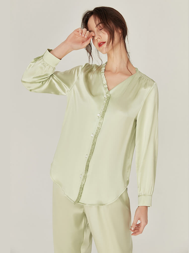22 Momme Womens V-Neck Silk Pajama Set with Ric-Rac Trimming