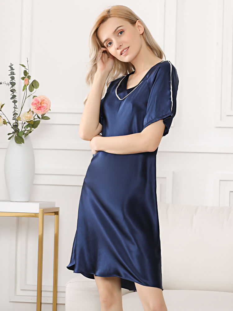 19 Momme V Neck Bias Cut Short Sleeve Silk Nightgown