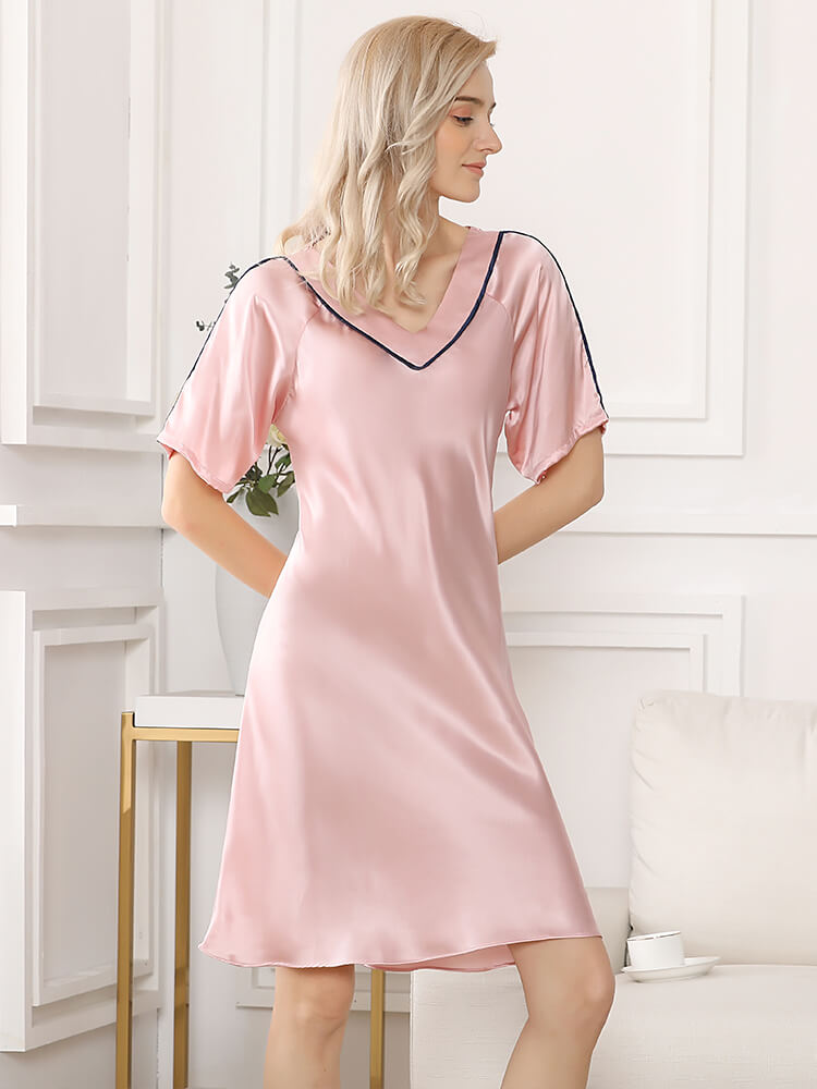 19 Momme Simple V-neck Short Sleeve Silk Nightgown