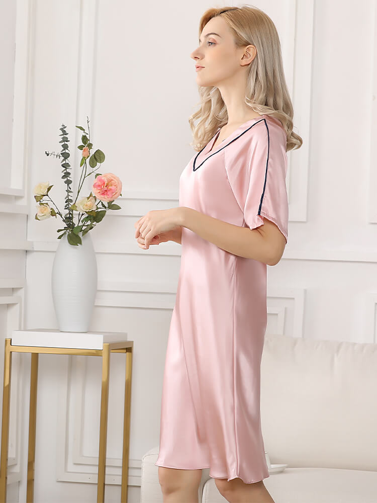 19 Momme Simple V-neck Short Sleeve Silk Nightgown