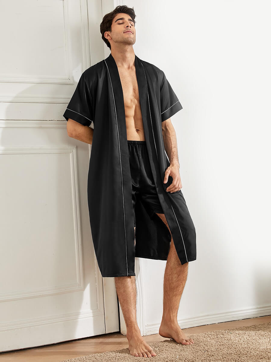 Men 2pcs Short-sleeve Silk Robe Sleep Shorts Set