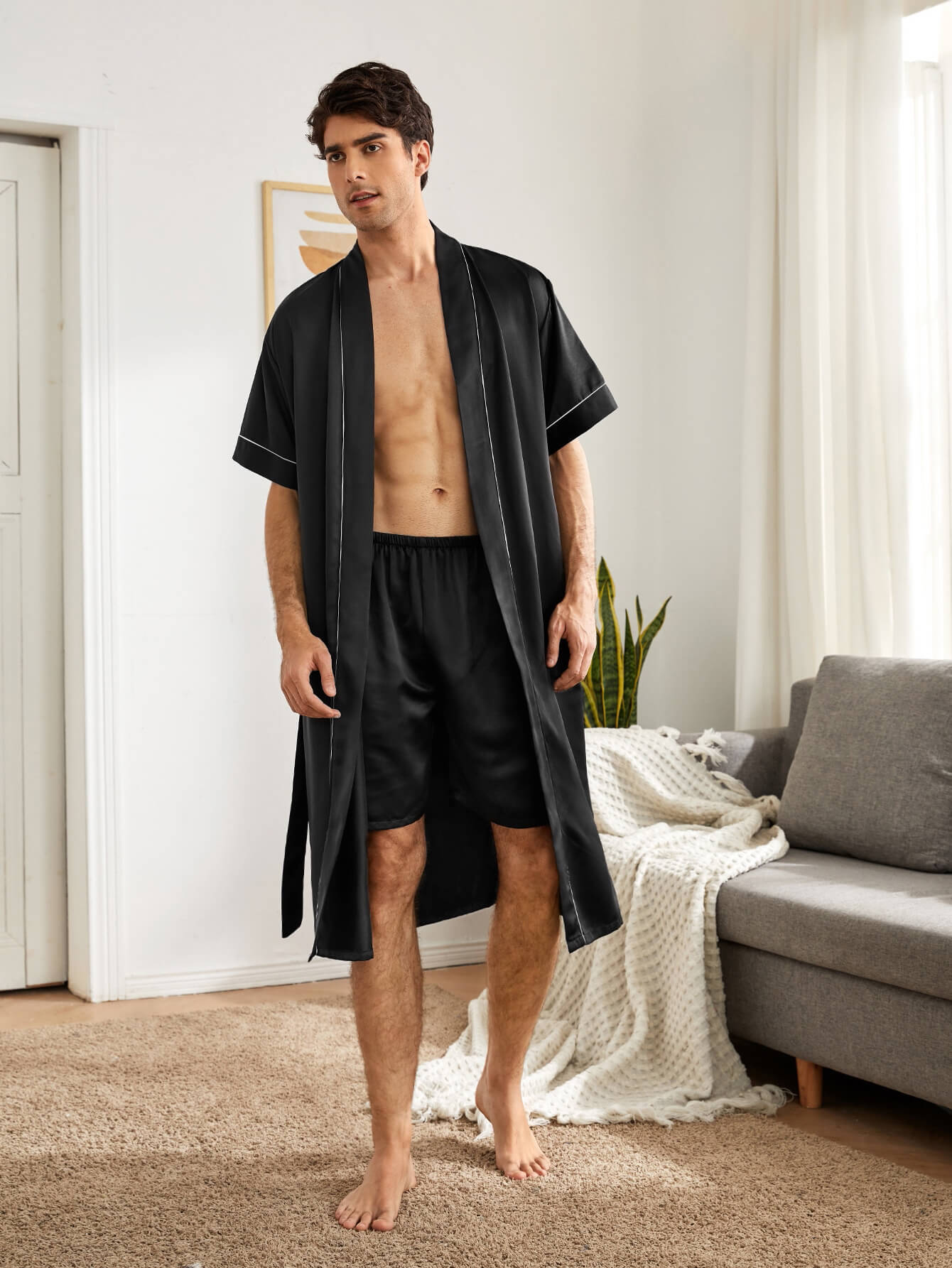 Men 2pcs Short-sleeve Silk Robe Sleep Shorts Set