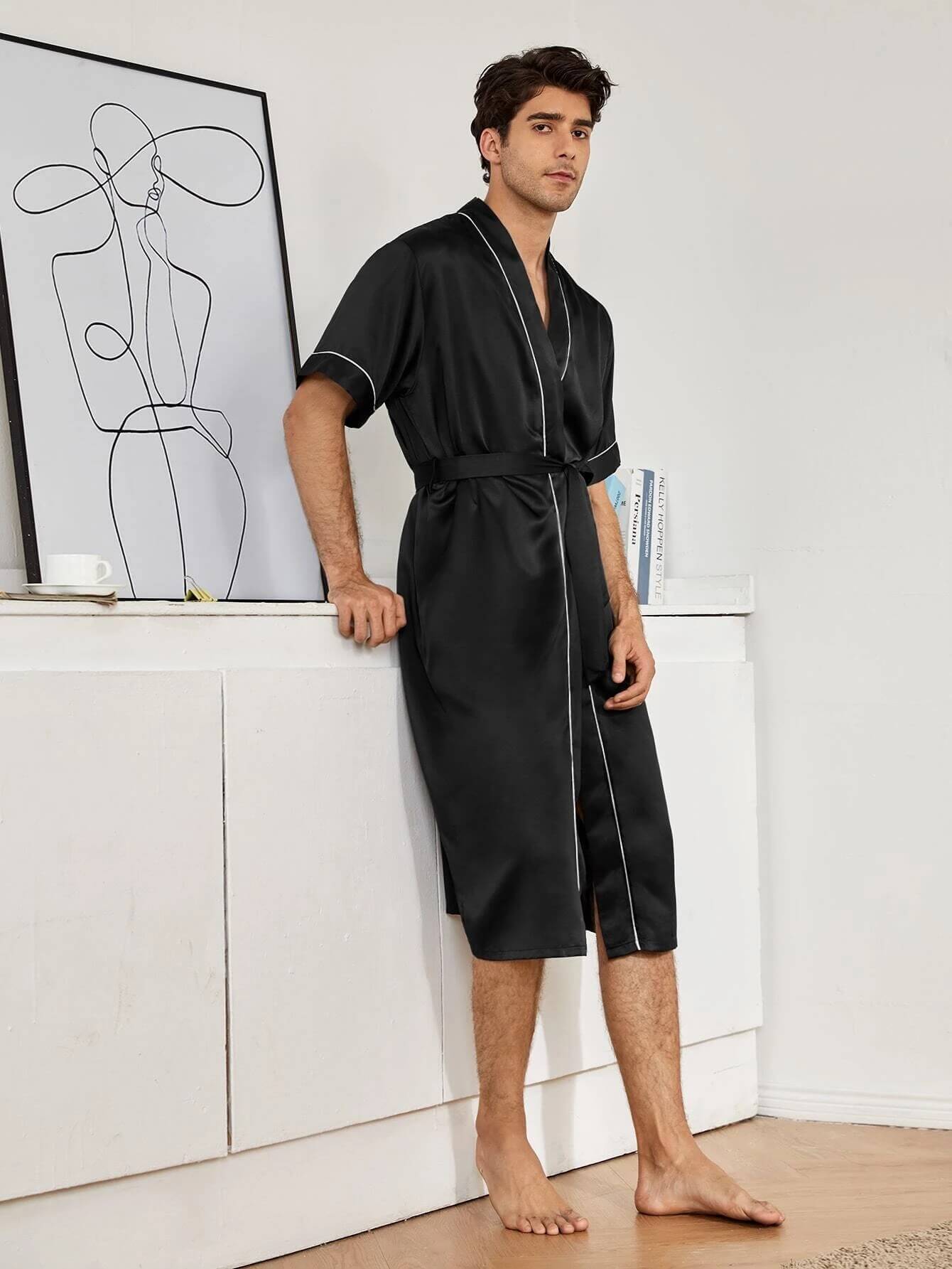 Men 2pcs Short-sleeve Silk Robe Sleep Shorts Set