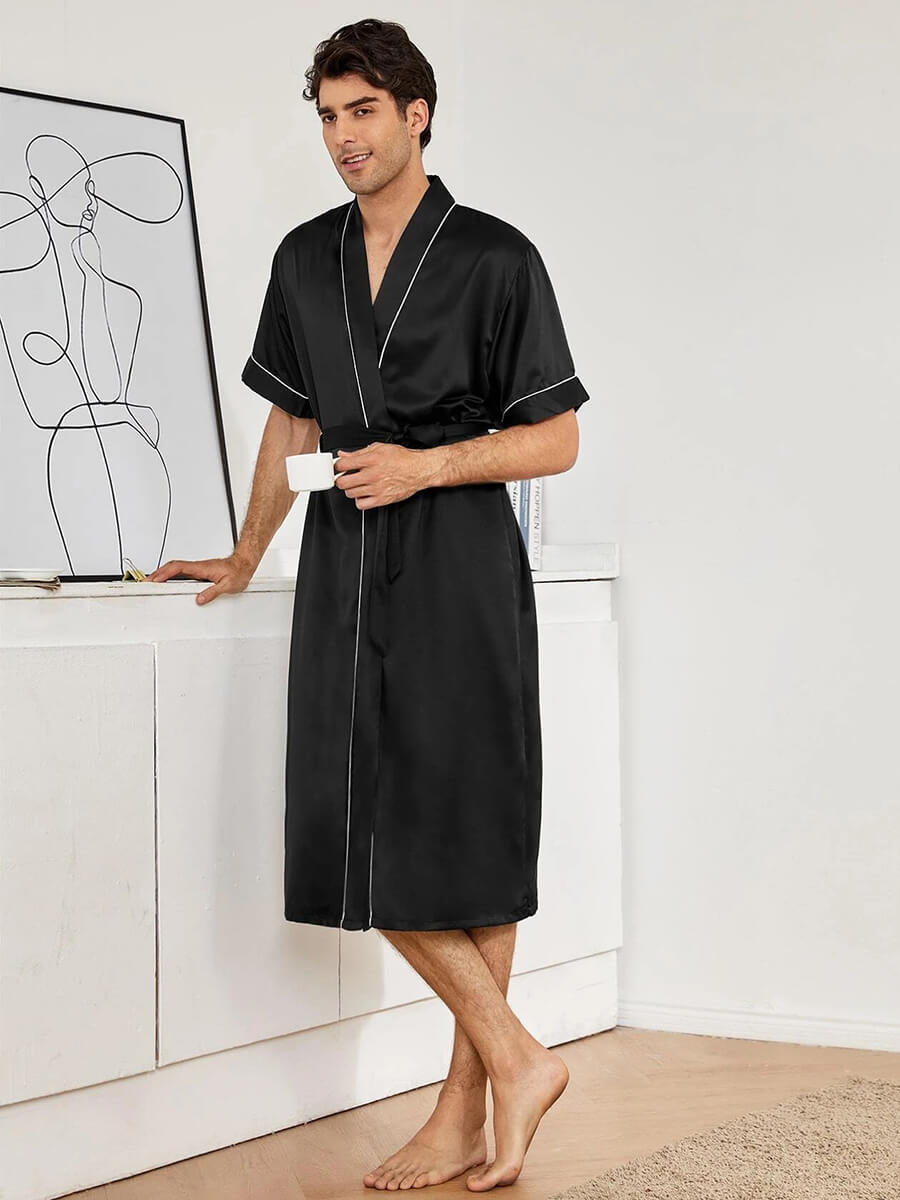 Men 2pcs Short-sleeve Silk Robe Sleep Shorts Set