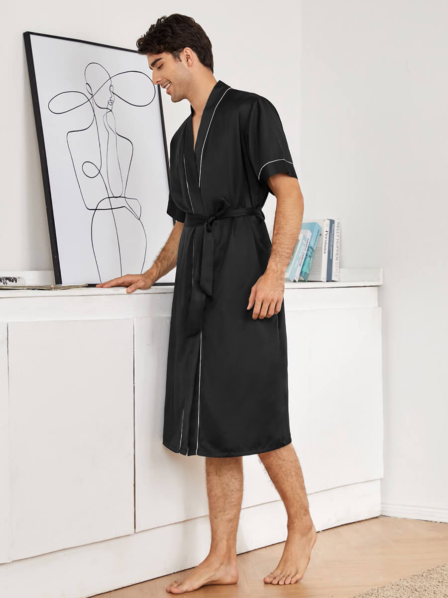 Men 2pcs Short-sleeve Silk Robe Sleep Shorts Set