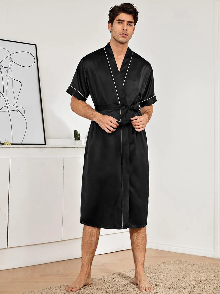 Men 2pcs Short-sleeve Silk Robe Sleep Shorts Set