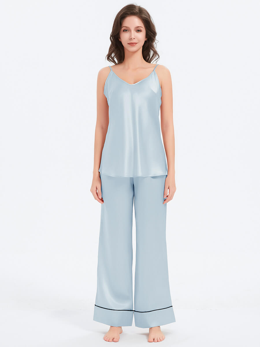 Silk Cami and Wide-Leg Pajama Pants Set with Contrasting Piping