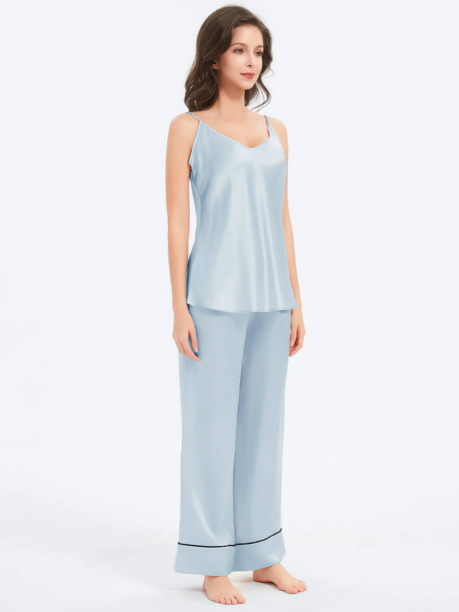 Silk Cami and Wide-Leg Pajama Pants Set with Contrasting Piping