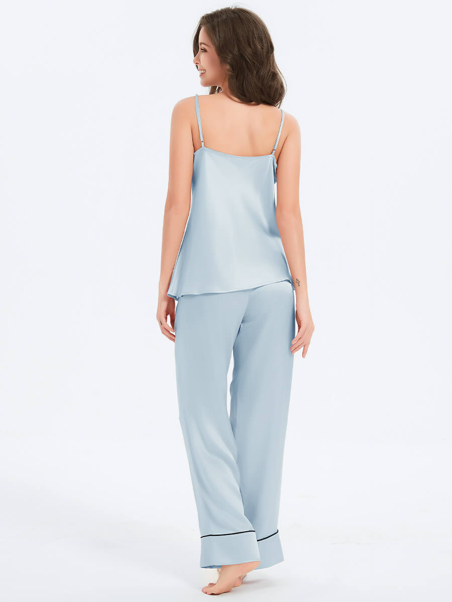 Silk Cami and Wide-Leg Pajama Pants Set with Contrasting Piping