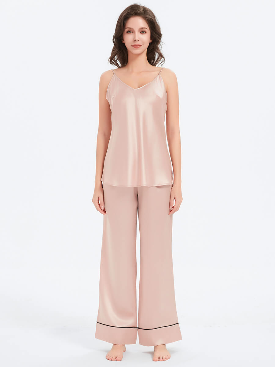 Silk Cami and Wide-Leg Pajama Pants Set with Contrasting Piping