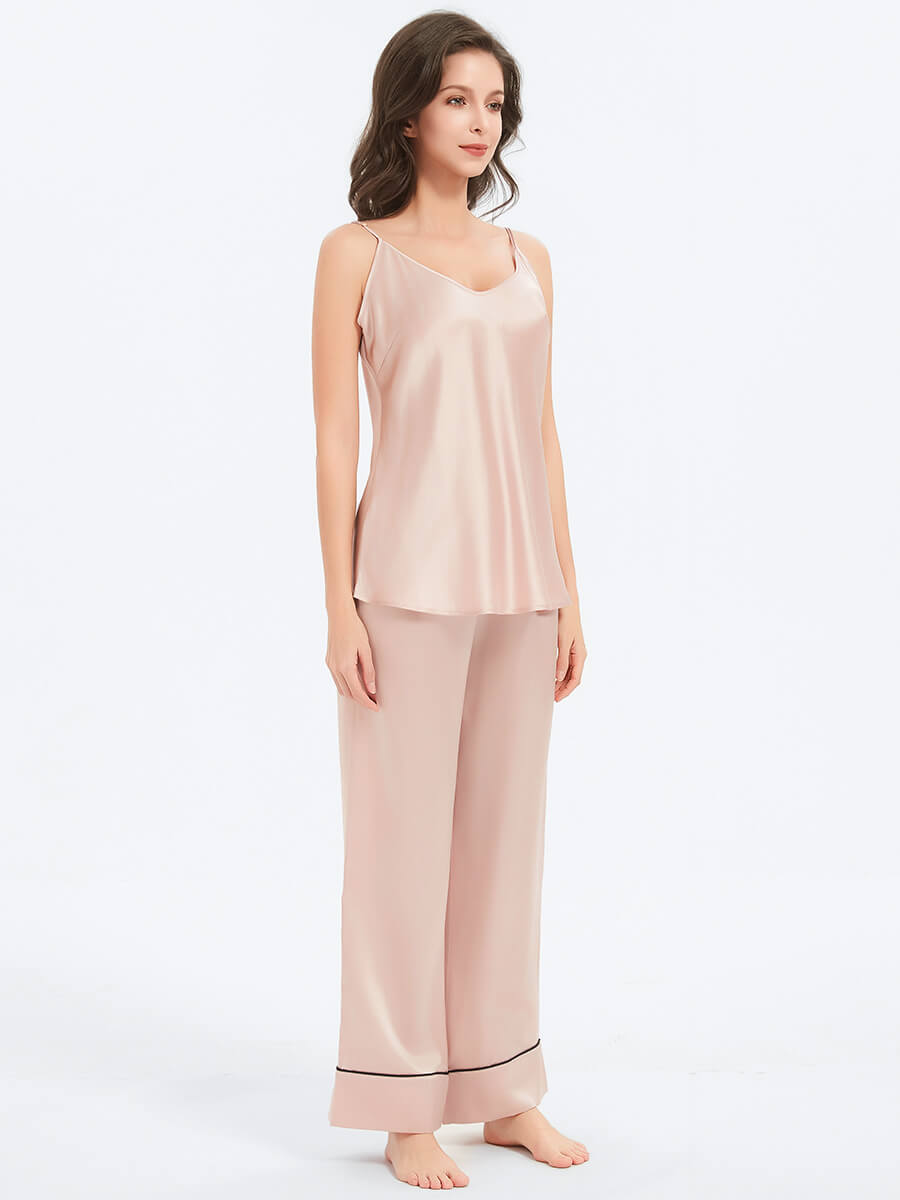 Silk Cami and Wide-Leg Pajama Pants Set with Contrasting Piping