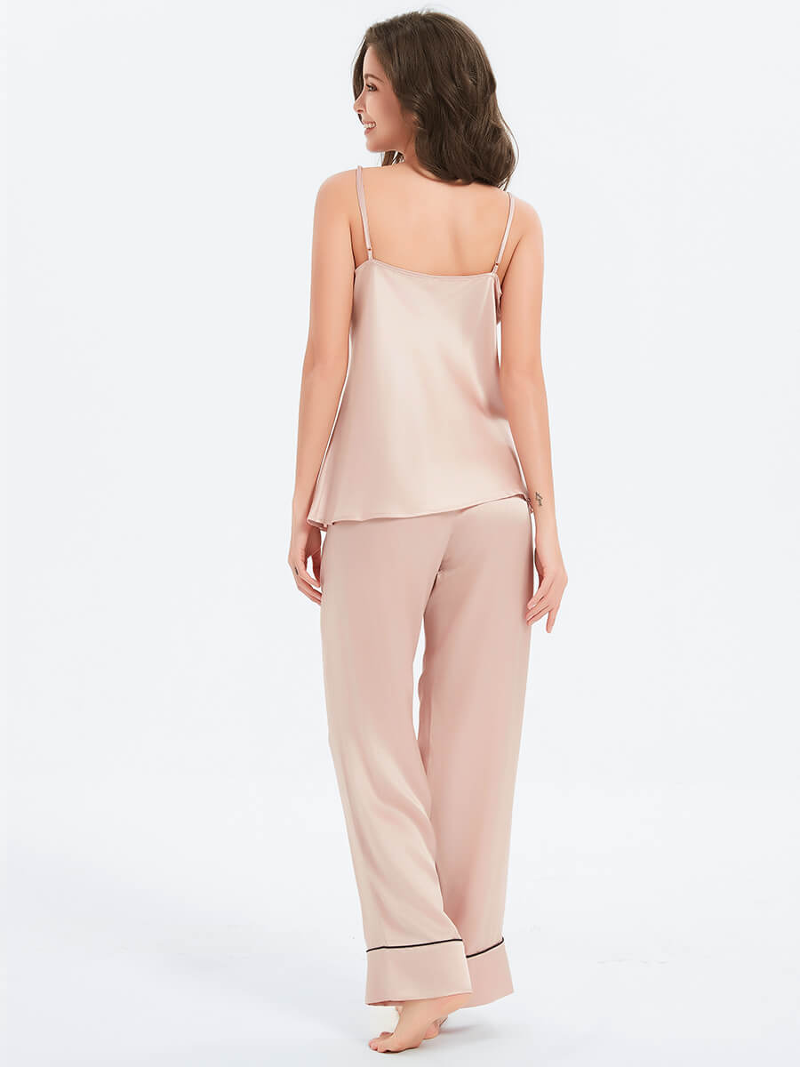 Silk Cami and Wide-Leg Pajama Pants Set with Contrasting Piping