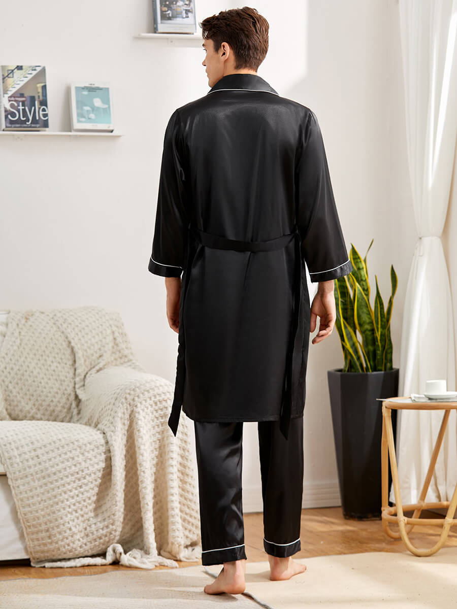 19 Momme Mens Contrast Binding Silk Robe and Pants Set