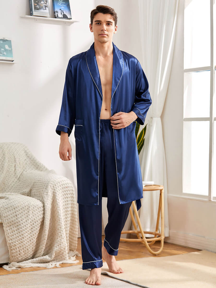 Men Silk Robe with pants Belted Silk Lounge Set Silk Bathrobe Sleepwea