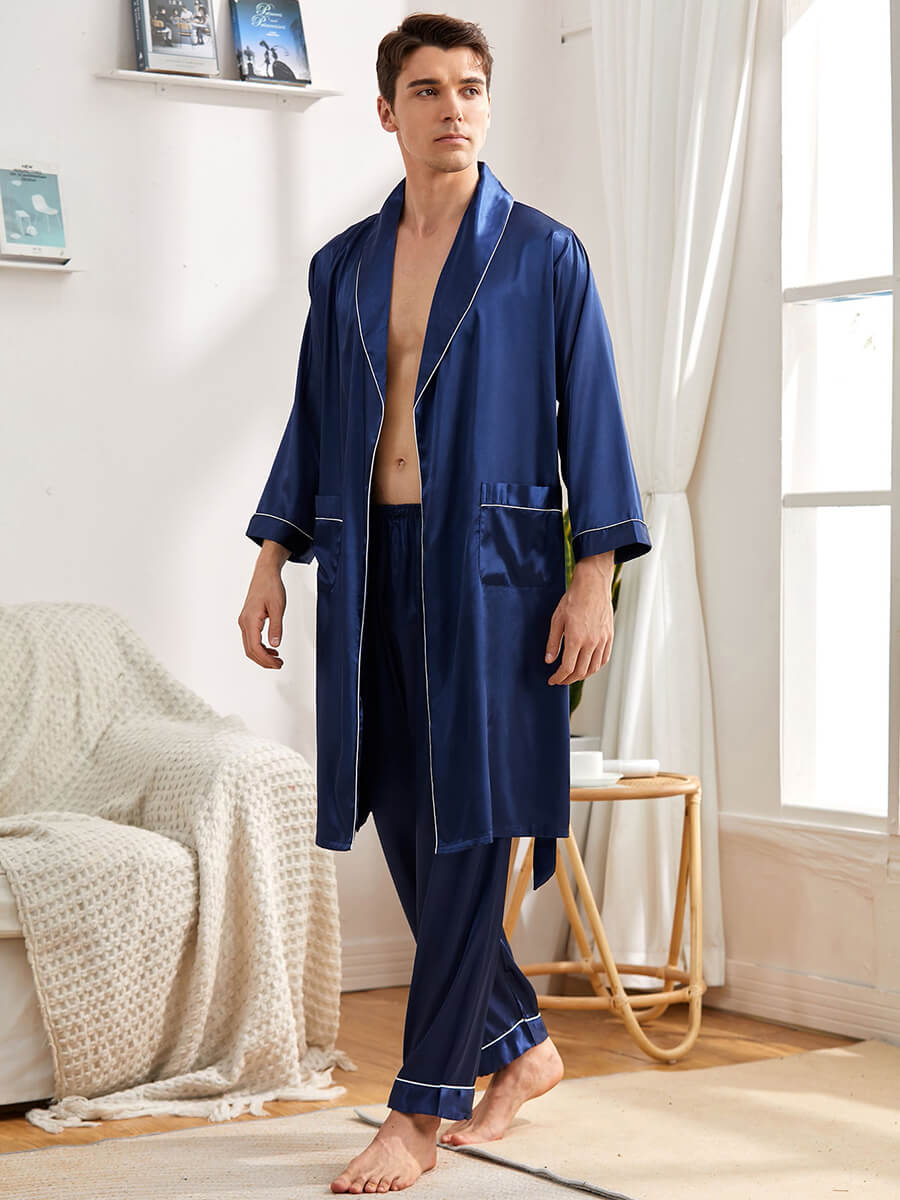 19 Momme Mens Contrast Binding Silk Robe and Pants Set