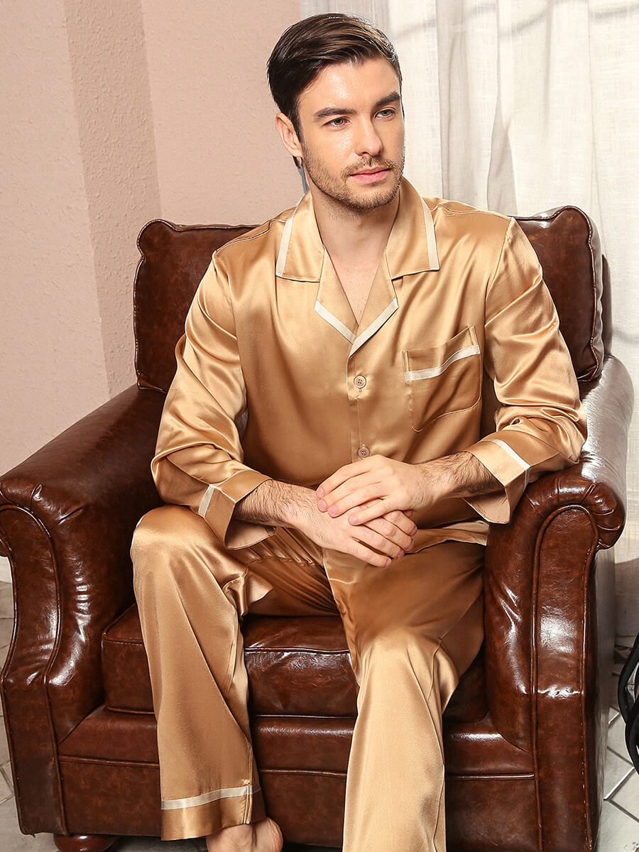 19 Momme Mens Luxurious Piped Long Gold Silk Pajama Sets