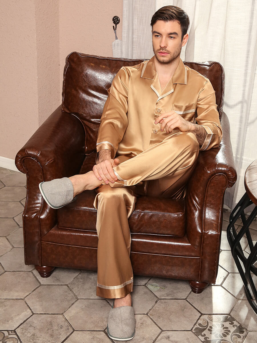 19 Momme Mens Luxurious Piped Long Gold Silk Pajama Sets