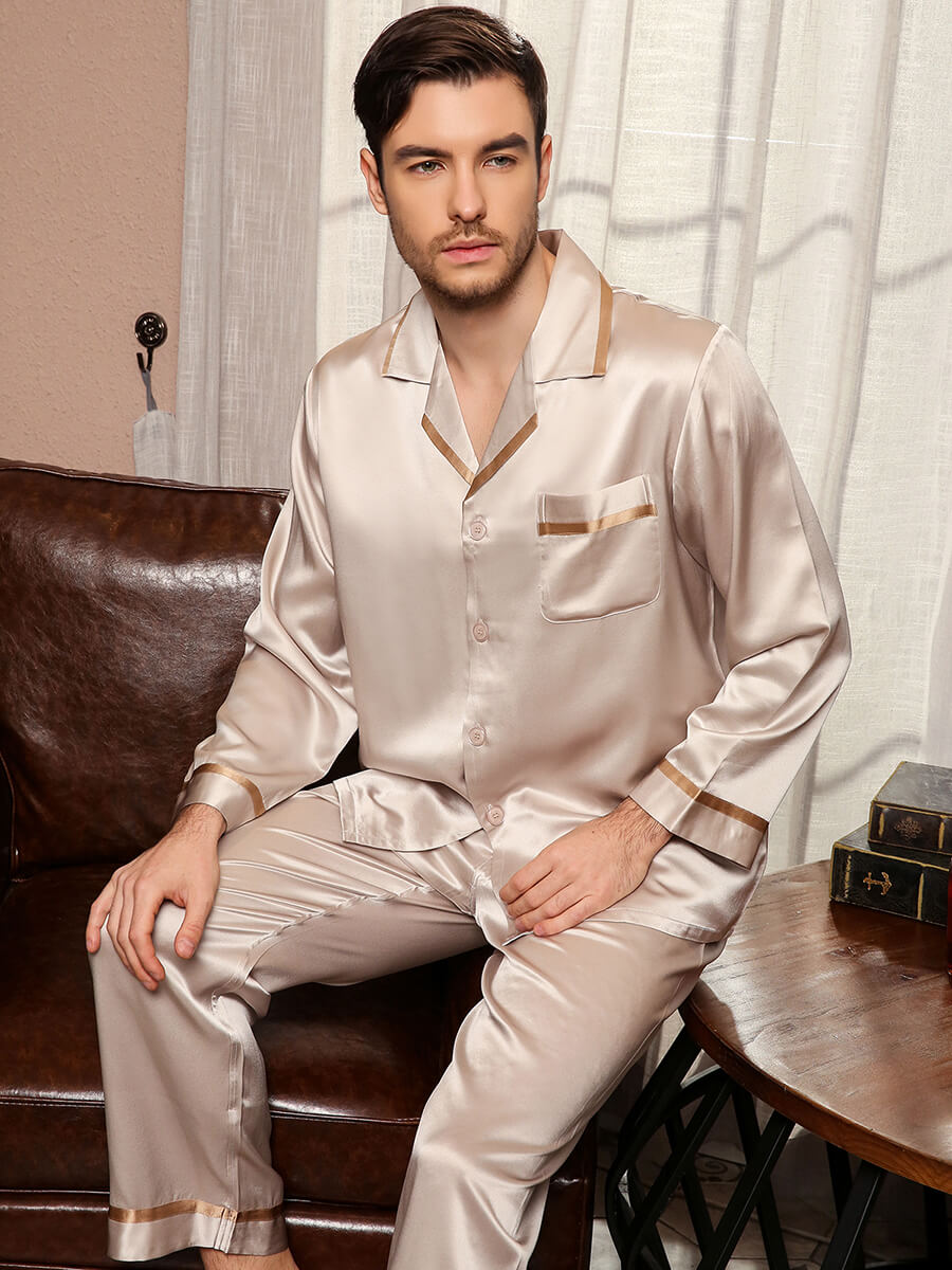19 Momme Mens Luxurious Piped Long Gold Silk Pajama Sets