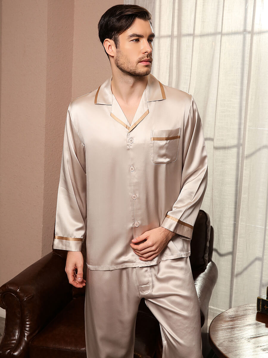 19 Momme Mens Luxurious Piped Long Gold Silk Pajama Sets