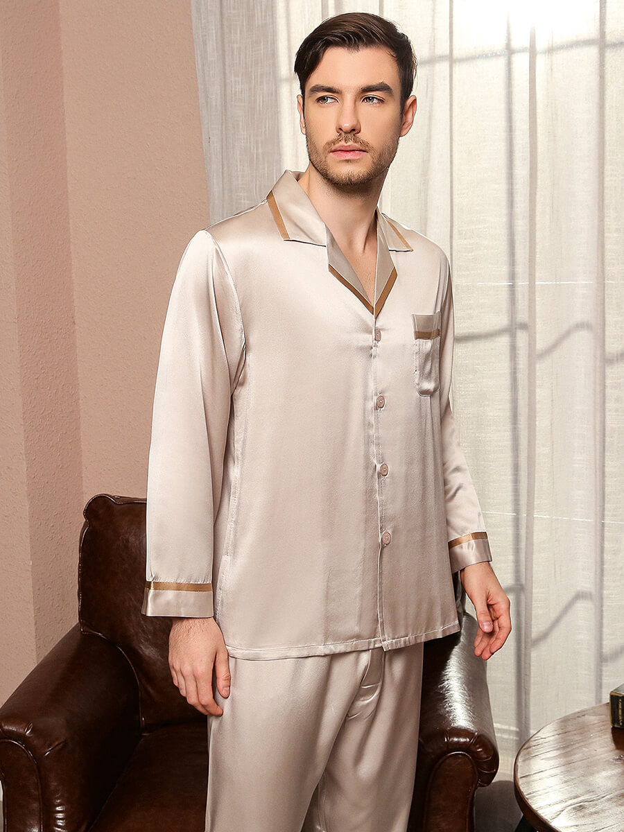 19 Momme Mens Luxurious Piped Long Gold Silk Pajama Sets