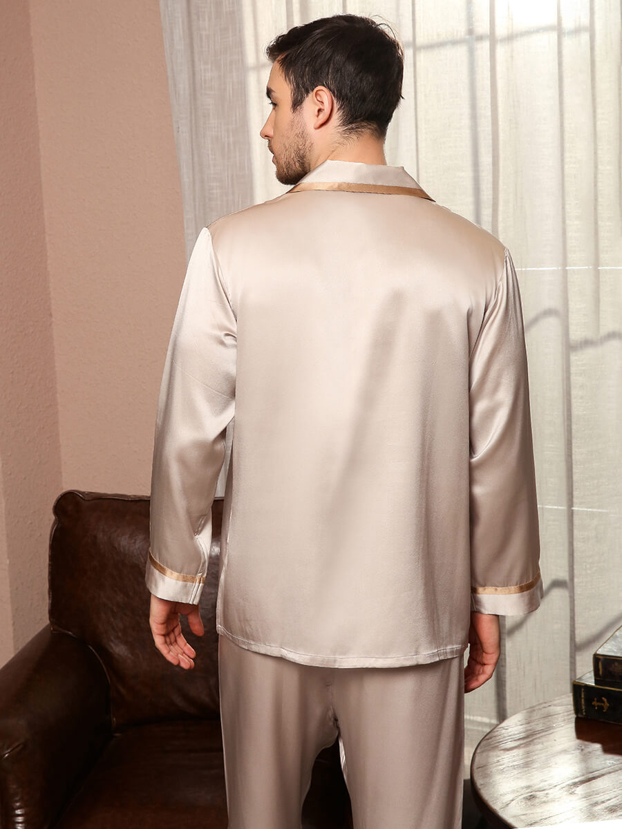 19 Momme Mens Luxurious Piped Long Gold Silk Pajama Sets