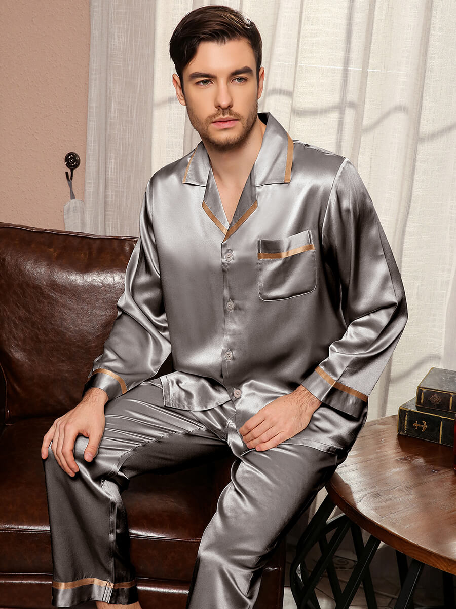 19 Momme Mens Luxurious Piped Long Gold Silk Pajama Sets