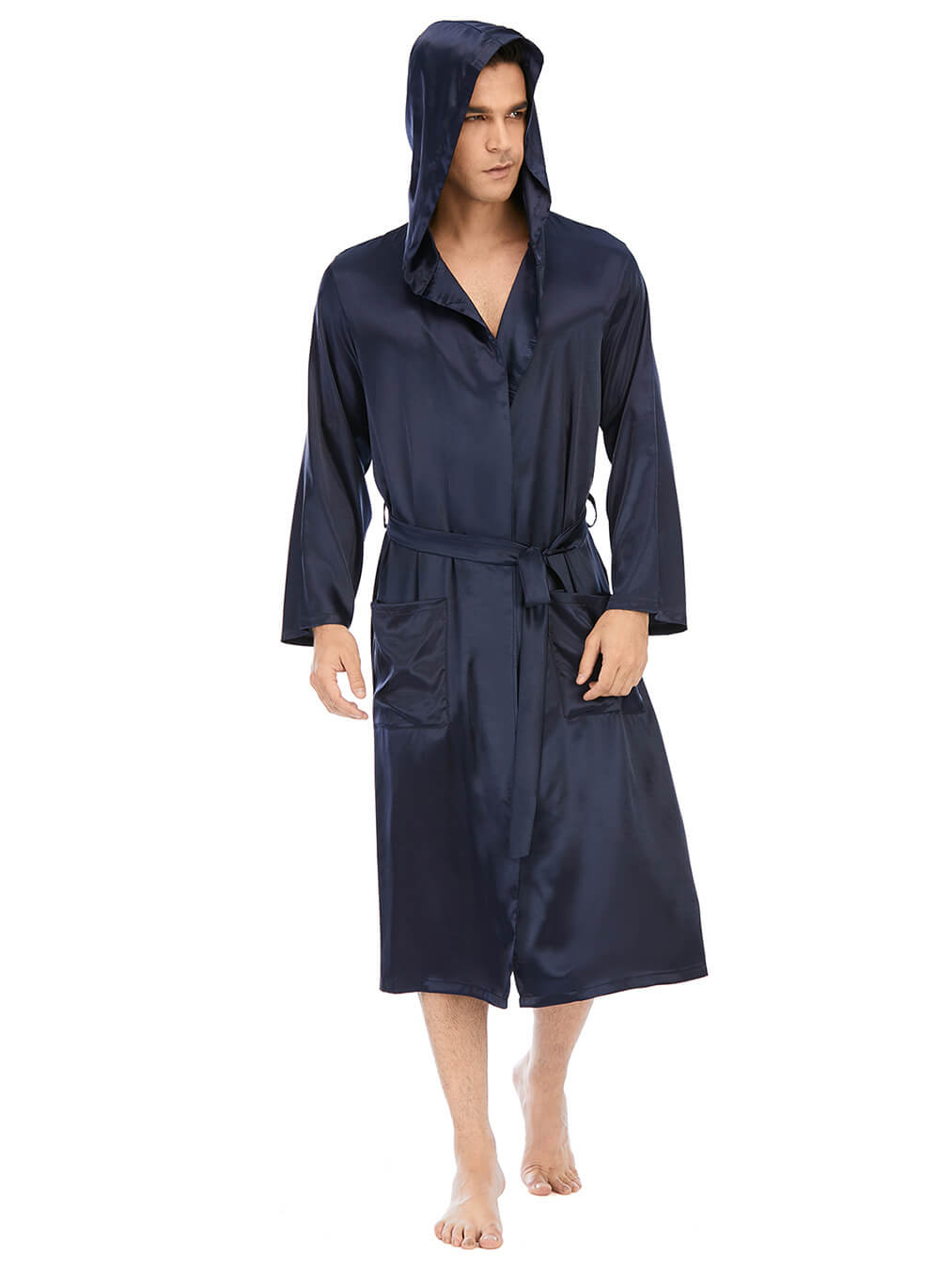 19 Momme Mens Navy Blue Hooded Silk Robe Long Silk Bathrobe
