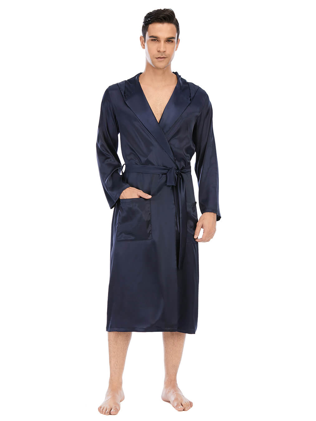 19 Momme Mens Navy Blue Hooded Silk Robe Long Silk Bathrobe [FS069 ...