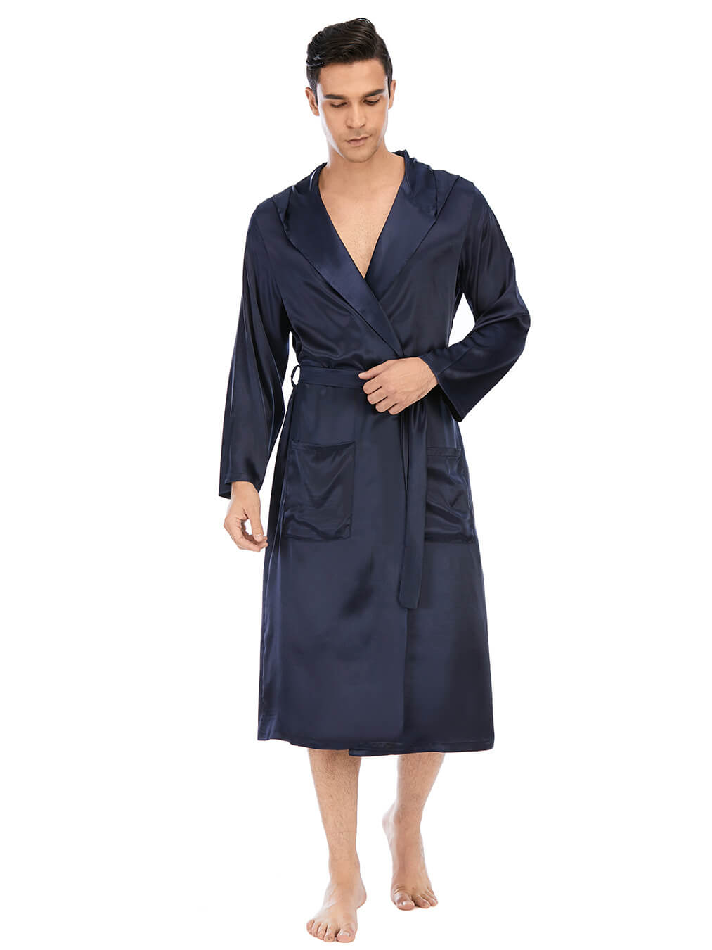 19 Momme Mens Navy Blue Hooded Silk Robe Long Silk Bathrobe [FS069 ...