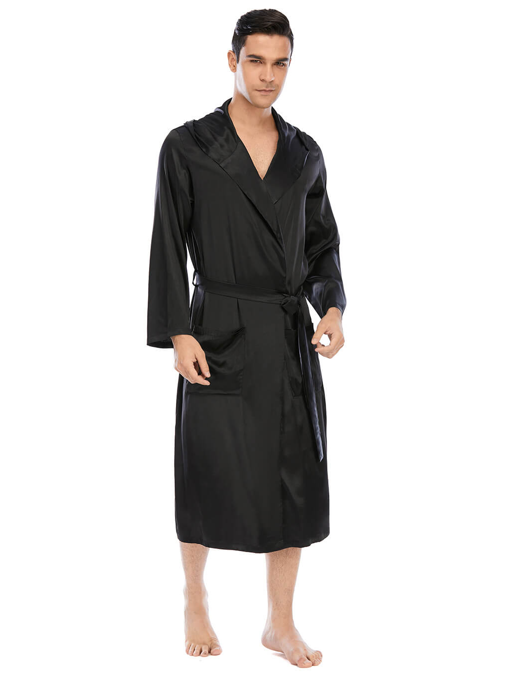 19 Momme Mens Navy Blue Hooded Silk Robe Long Silk Bathrobe [FS069 ...