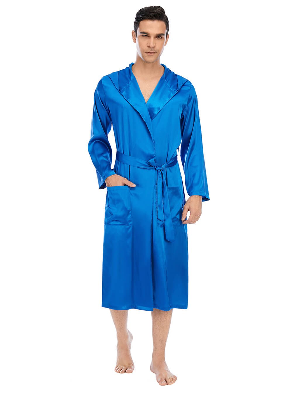 19 Momme Mens Navy Blue Hooded Silk Robe Long Silk Bathrobe