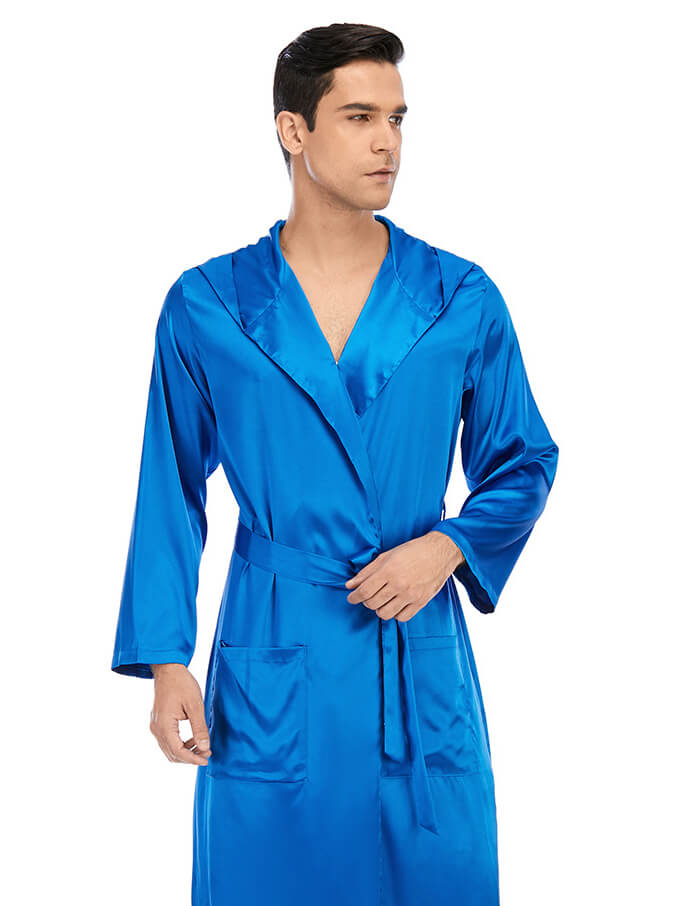 100% Men's Silk Robe Luxury Long Silk Bathrobe Pure Male Silk Robes - Navy  Blue / XS