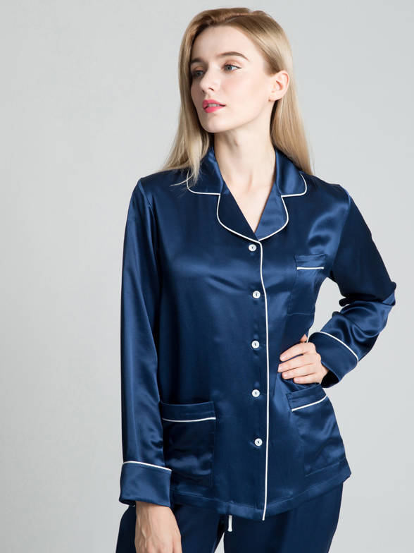 22 Momme Chic Piped Full Length Silk Pajama Set with Pockets