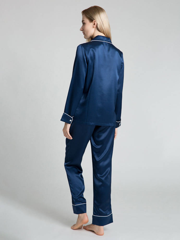 22 Momme Chic Piped Full Length Silk Pajama Set with Pockets