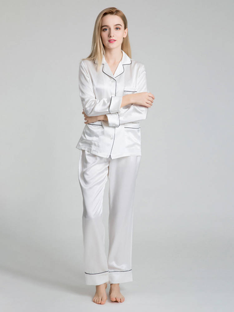 19 Momme Chic Trimmed Luxurious Long Silk Pajama Set For Women