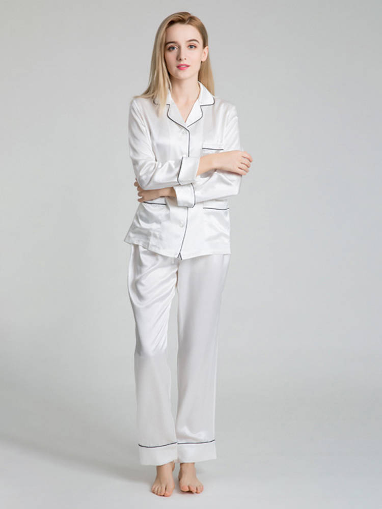 22 Momme Chic Piped Full Length Silk Pajama Set with Pockets