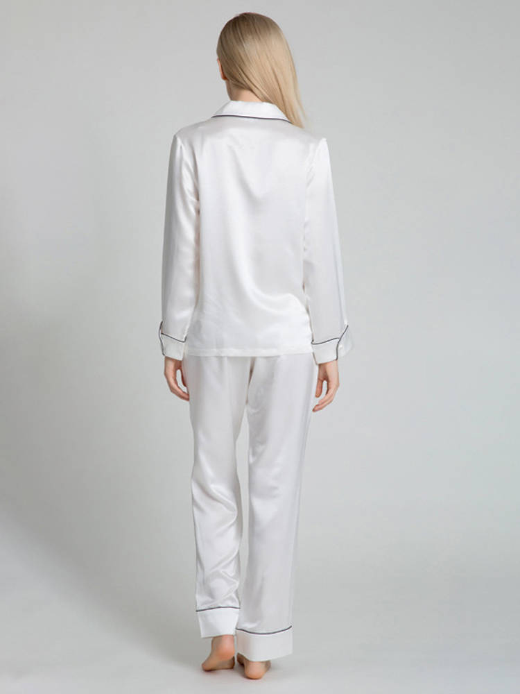 22 Momme Chic Piped Full Length Silk Pajama Set with Pockets