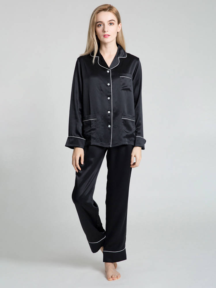 22 Momme Chic Piped Full Length Silk Pajama Set with Pockets
