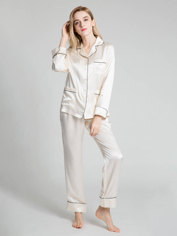 22 Momme Chic Piped Full Length Silk Pajama Set with Pockets