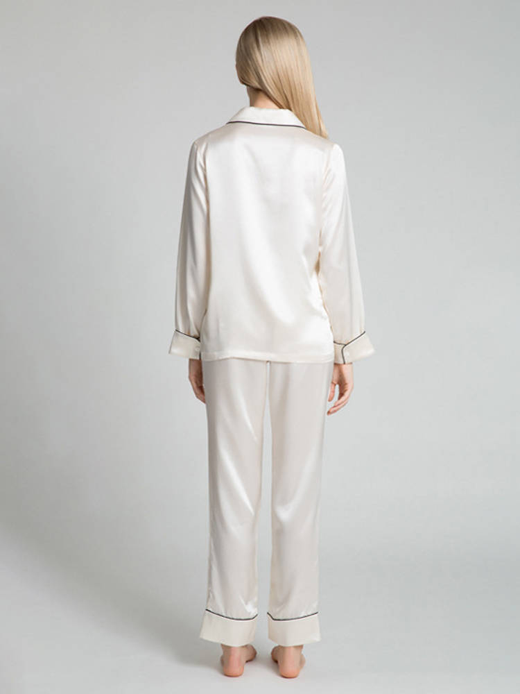 22 Momme Chic Piped Full Length Silk Pajama Set with Pockets