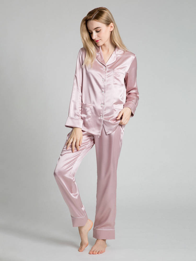 22 Momme Chic Piped Full Length Silk Pajama Set with Pockets