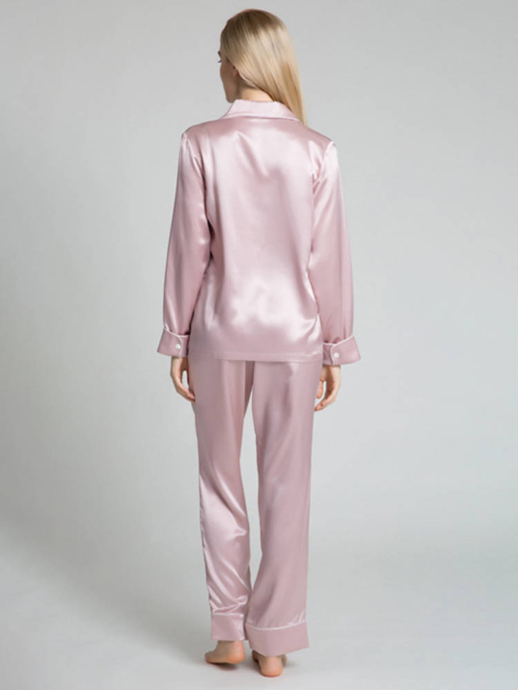 22 Momme Chic Piped Full Length Silk Pajama Set with Pockets
