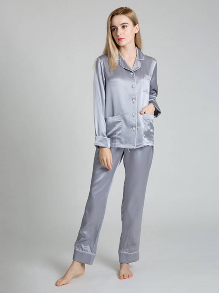 22 Momme Chic Piped Full Length Silk Pajama Set with Pockets
