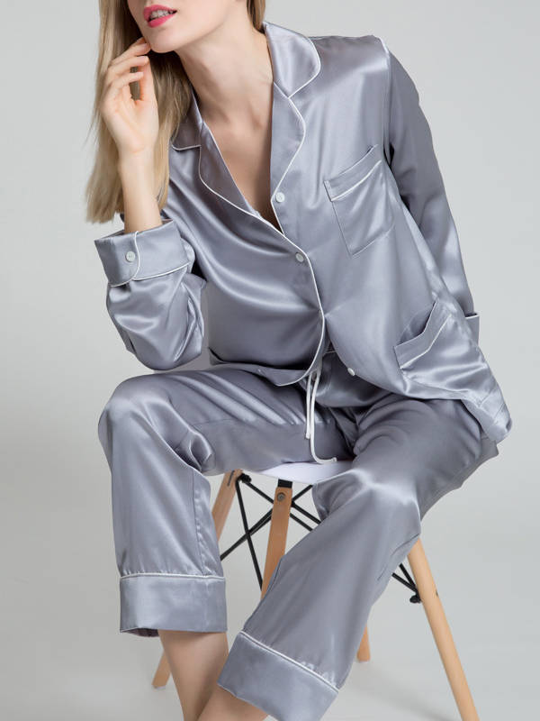 22 Momme Chic Piped Full Length Silk Pajama Set with Pockets