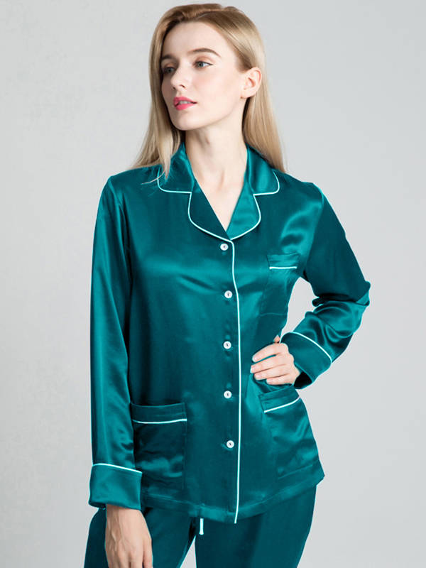 22 Momme Chic Piped Full Length Silk Pajama Set with Pockets