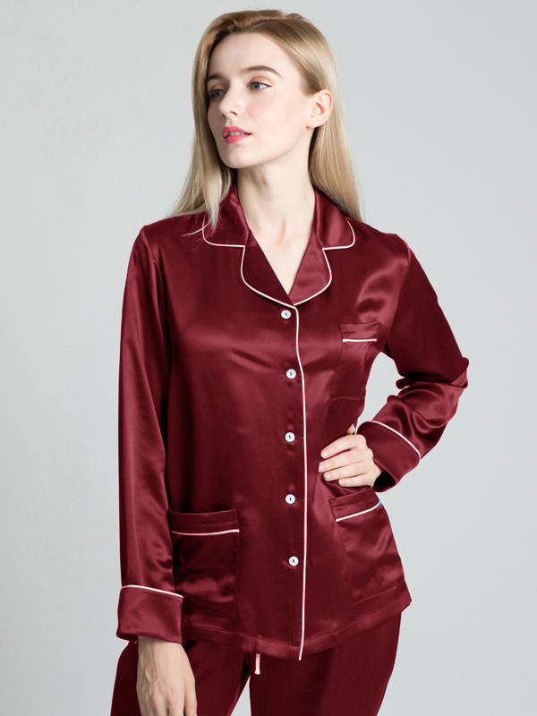 22 Momme Chic Piped Full Length Silk Pajama Set with Pockets