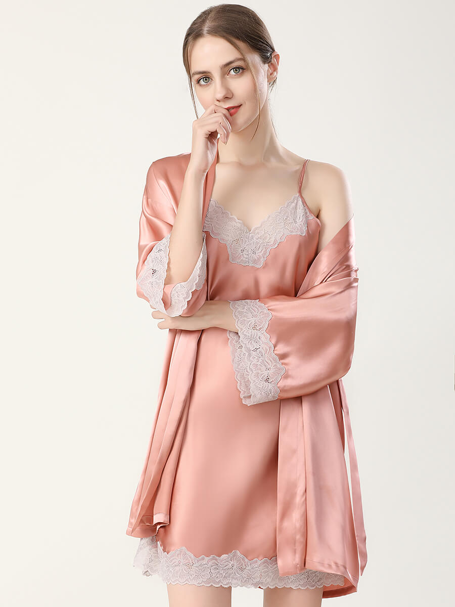 22 Momme Elegant Short Silk Chemise and Robe Set with Lace Trim