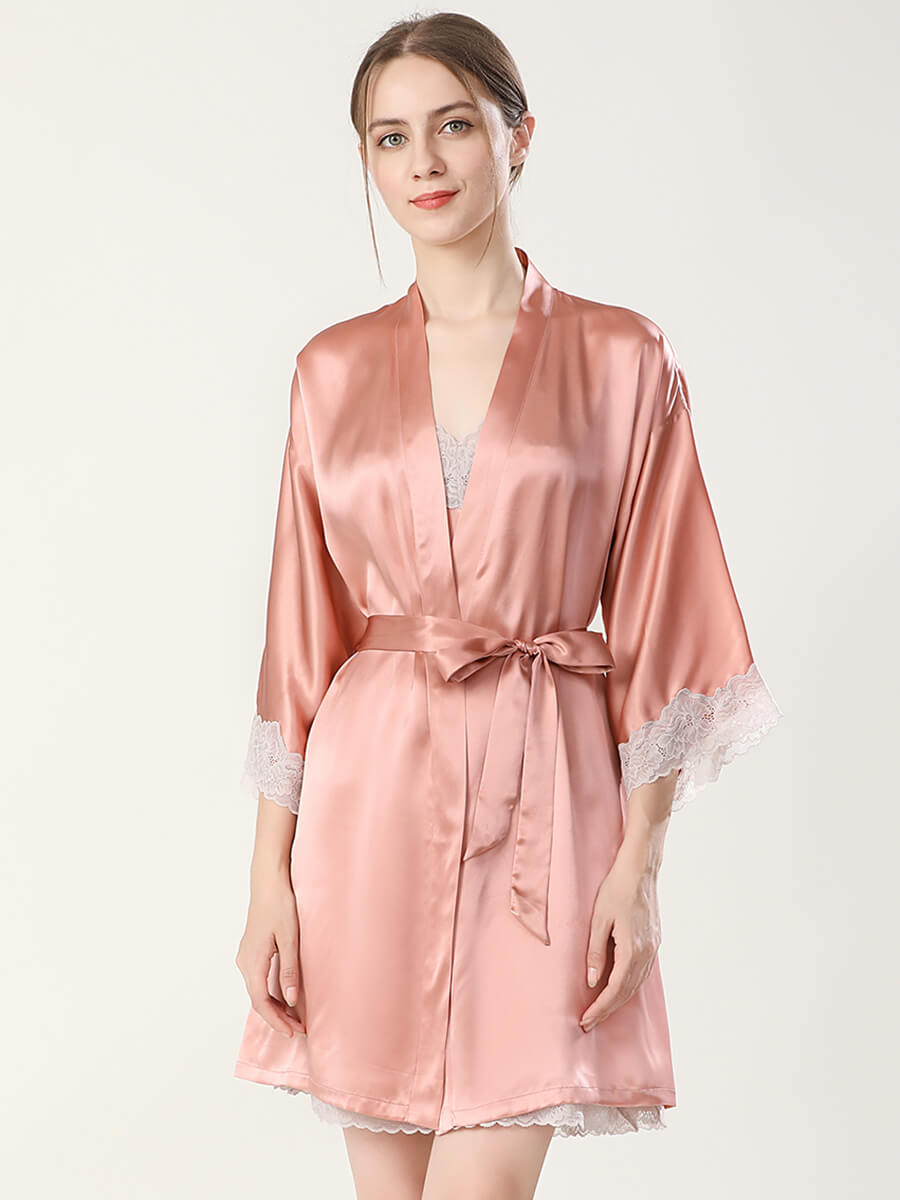 22 Momme Elegant Short Silk Chemise and Robe Set with Lace Trim