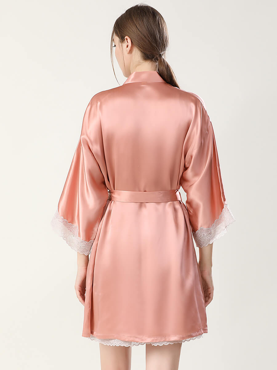 22 Momme Elegant Short Silk Chemise and Robe Set with Lace Trim